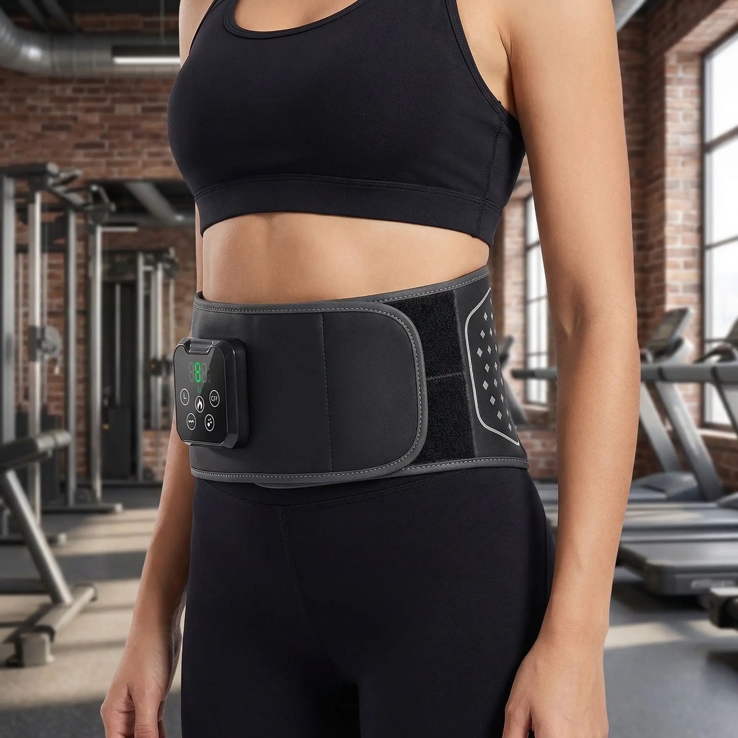 ceinture chauffante lombaire sur taille d'une femme en salle