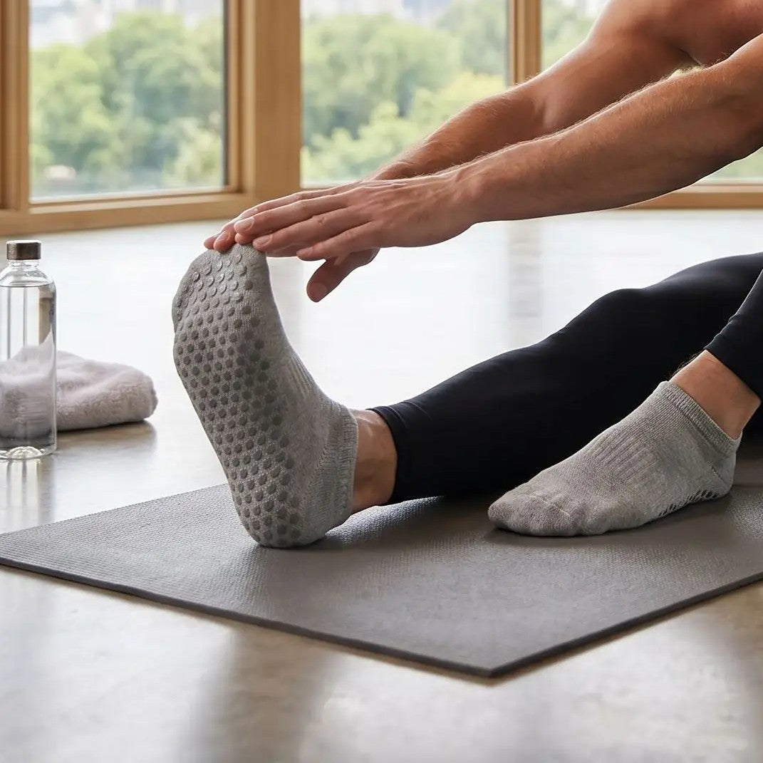 Chaussettes antidérapantes une personne portant la paire faisant exercice dans espace fenêtré