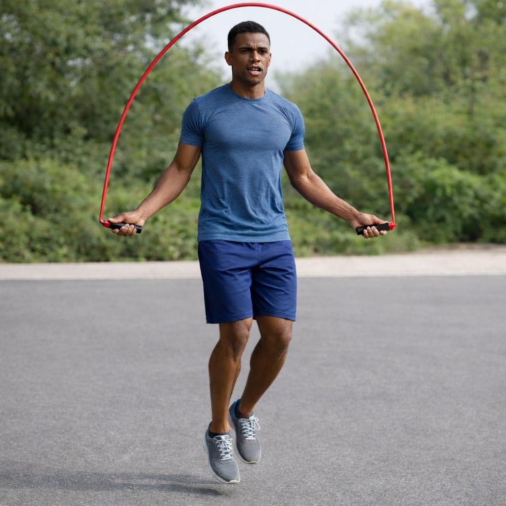 Corde à sauter sport homme pratique dehors devant un boisé