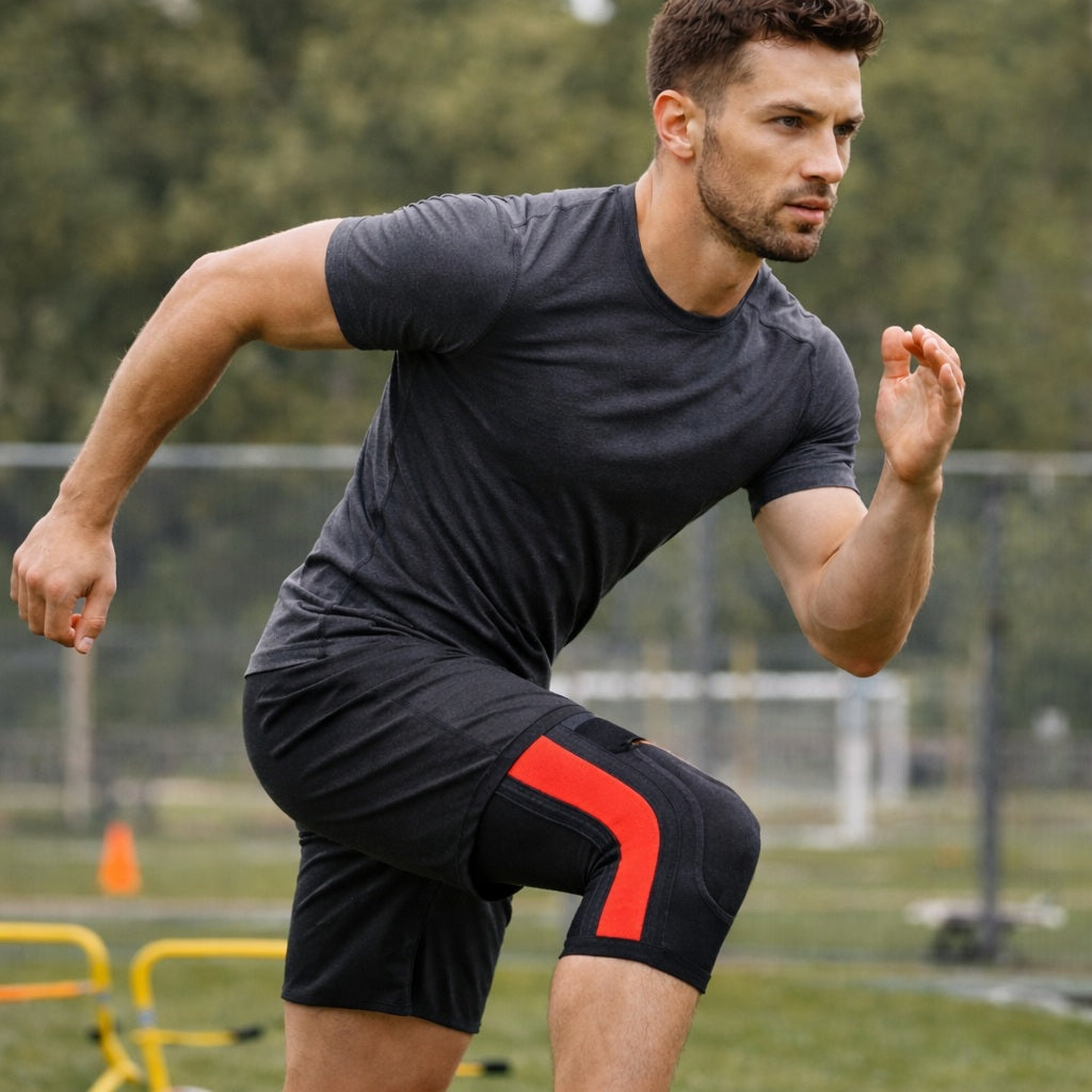 Genouillère pour le sport sur une personne en plein entraînement de circuit à l'extérieur