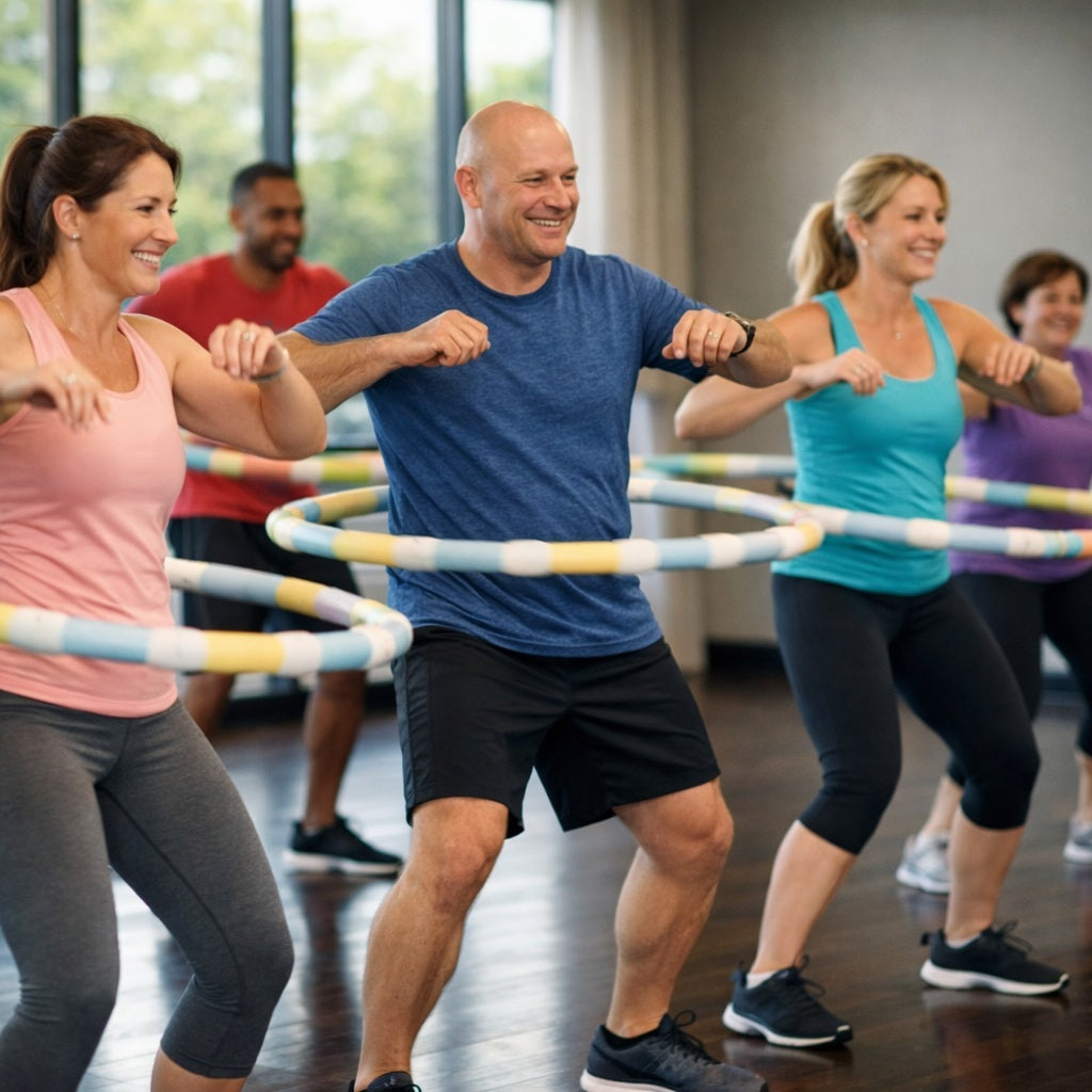 Hula hoop fitness groupe de personnes exercent ensemble