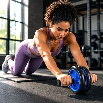 Roue à abdominaux une personne utilisant le matériel de muscu en salle de gym vue extérieur