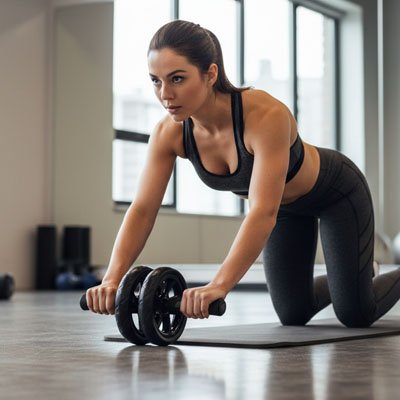 Roue abdominale une personne utilisant l'outil à la salle de sport