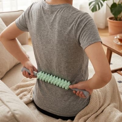 Rouleau de massage une personne roulant l'accessoire sur son bas de dos