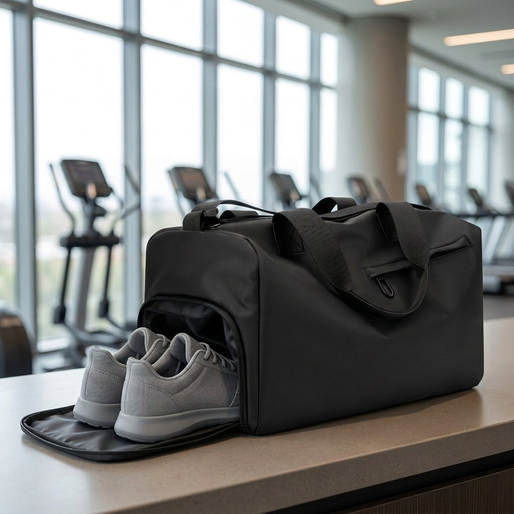 Sac de sport placé sur un comptoir dans un gym face à une section d'appareils d'exercices