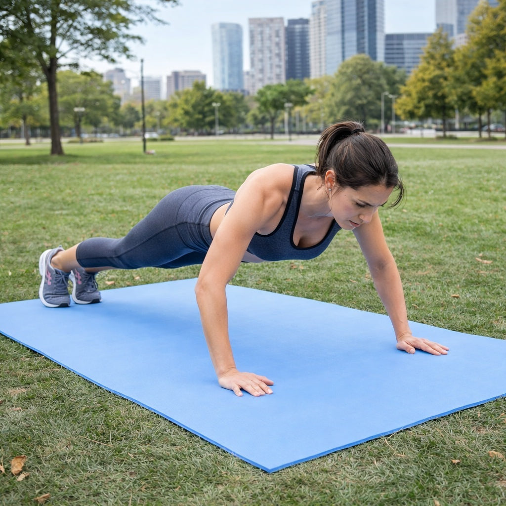 Tapis gym une femme fait des push up au parc de la ville