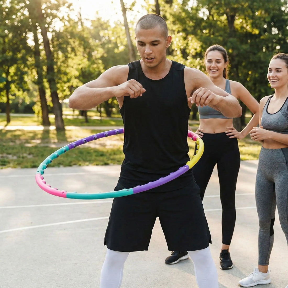 Hula hoop fitness un groupe de personnes pratiquant le renforcement ensemble 