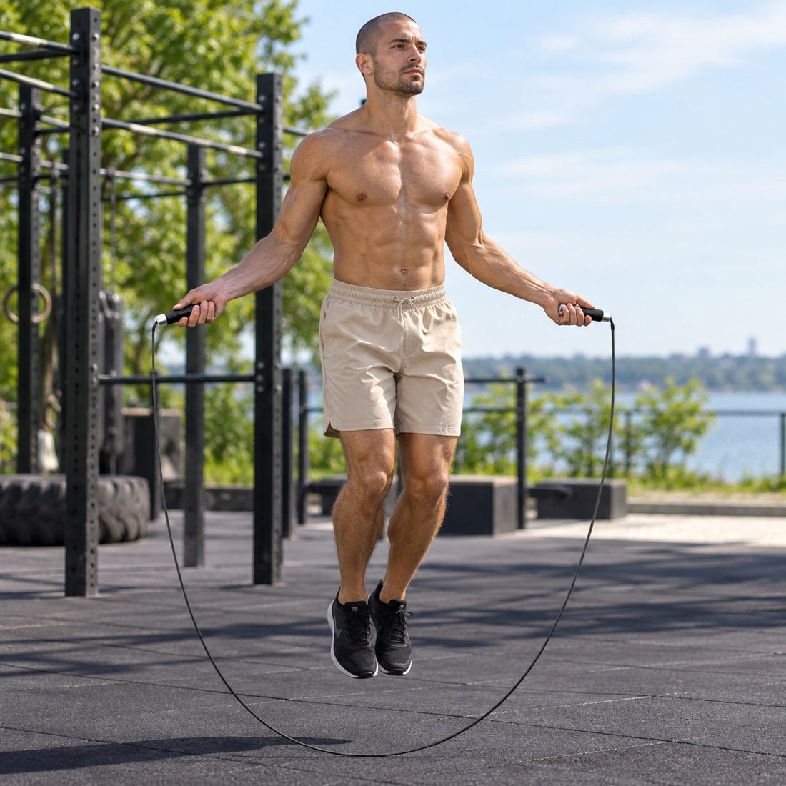 Crossfit corde à sauter une personne sautant dans un espace de gym à l'extérieur avec vue sur l'eau 
