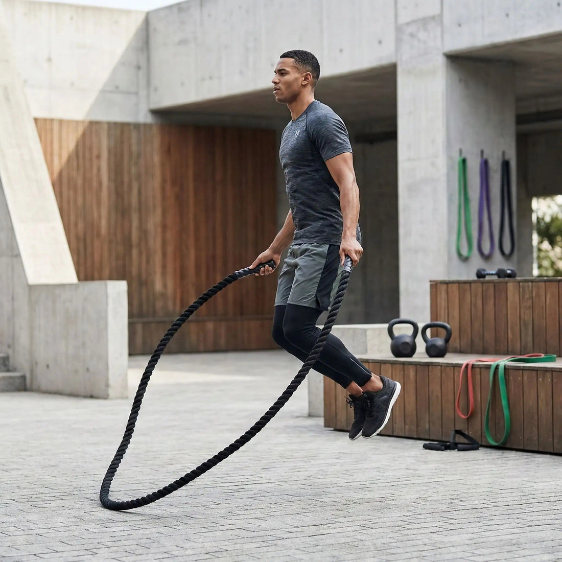 Corde à sauter crossfit un homme sautant avec le matériel lourd dans un environnement sportif