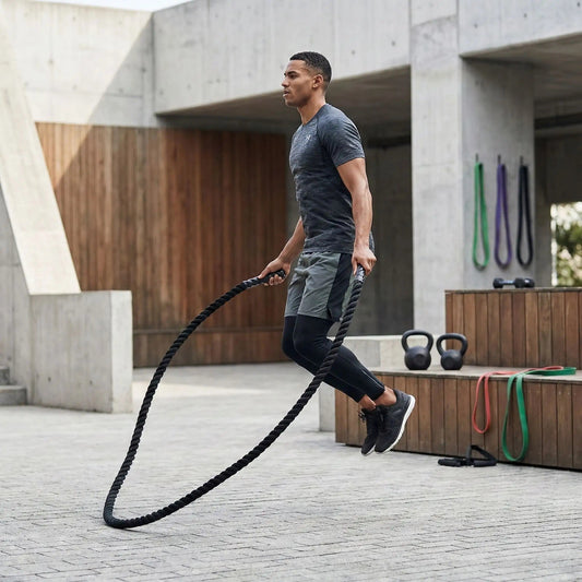 Corde à sauter crossfit un homme sautant avec le matériel lourd dans un environnement sportif