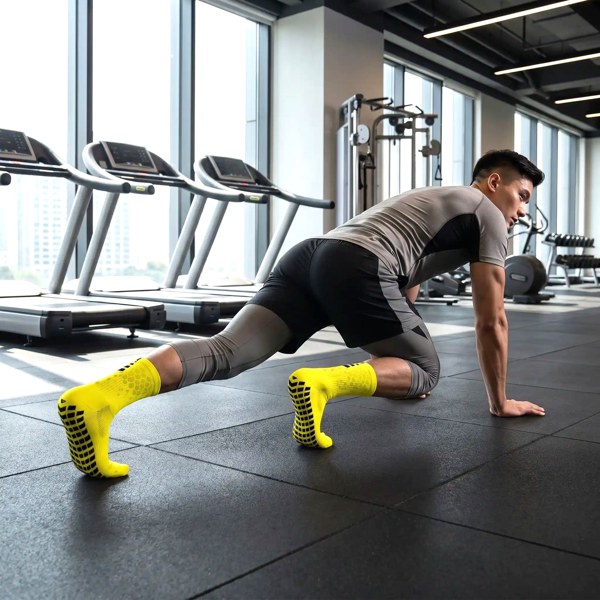 Chaussette antidérapante utilisé par une personne en mouvement dans une salle sport