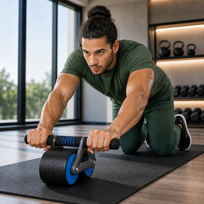 Abdominaux roue une personne utilisant le petit appareil dans espace fitness lumineux