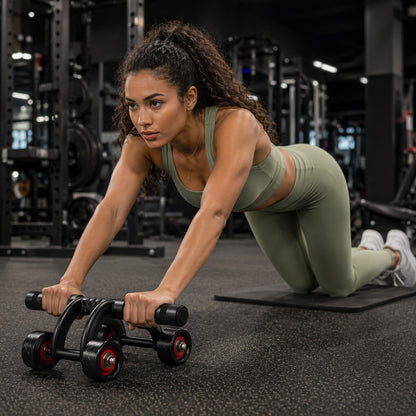 Abdominaux roue une personne utilisant l'outil de musculation en salle d'entraînement