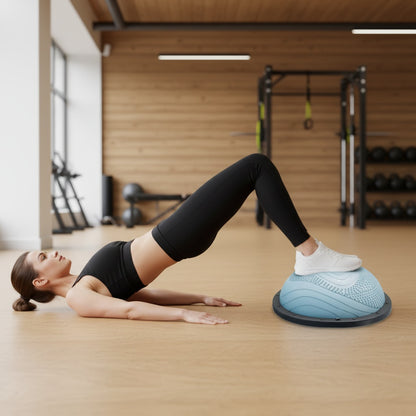 Ballon de gym demi sphère une personne en position de pont fessier sur l'équipement dans un studio sport