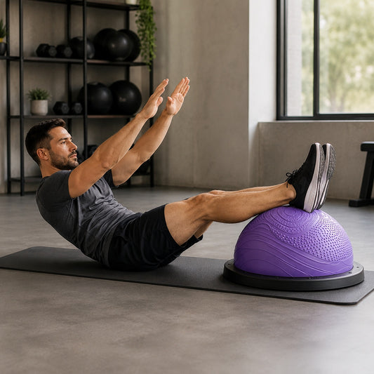 Ballon de gym demi sphère une personne en position de renforcement abdominale