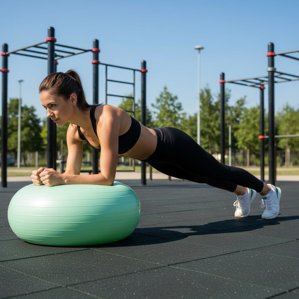 Ballon de gym une personne en séance de renforcement avec l'accessoire dans un parc sportif