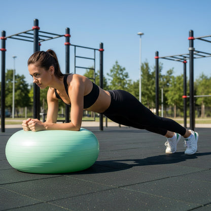 Ballon de gym une personne en séance de renforcement avec l'accessoire dans un parc sportif