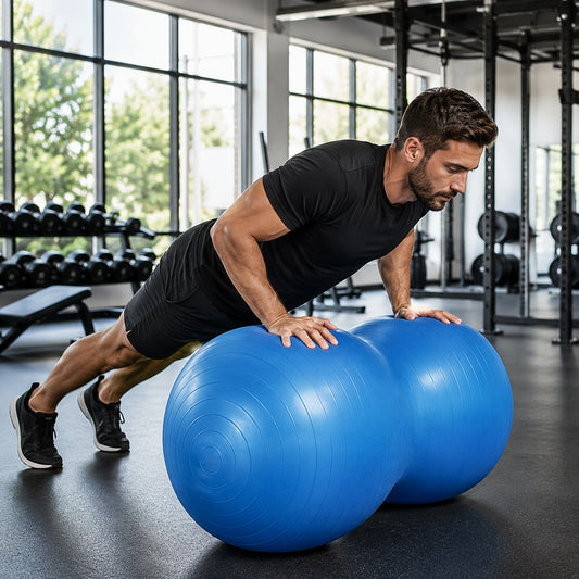 Ballon de gym une personne faisant des push ups sur l'équipement sportif 