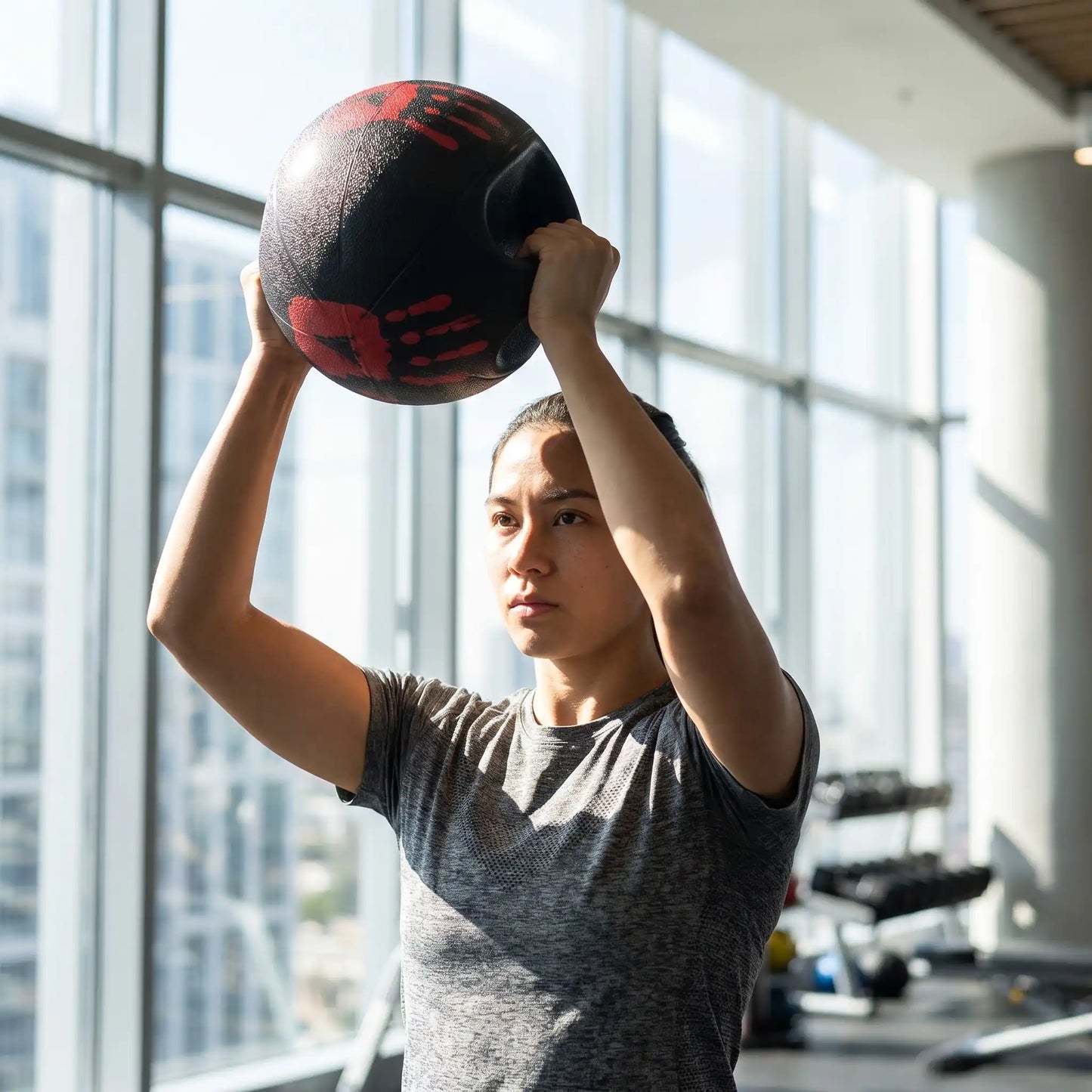 Ballon musculation une personne en position de renforcement des bras avec l'équipement