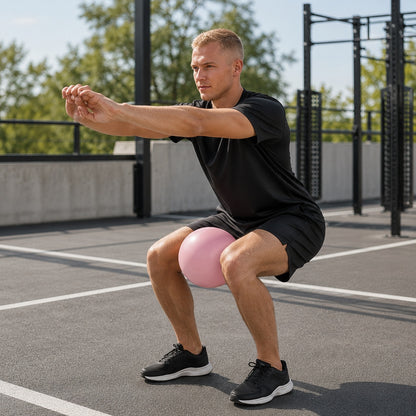 Ballon musculation une personne pratique les squat avec l'accessoire dans un espace entraînement extérieur