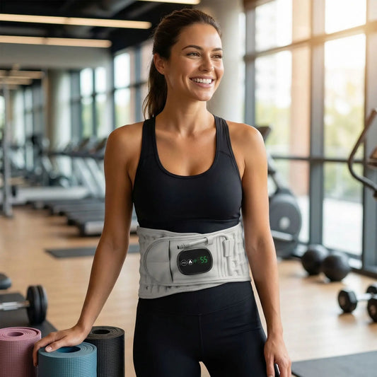 ceinture chauffant lombaire une femme avec ceinture au studio
