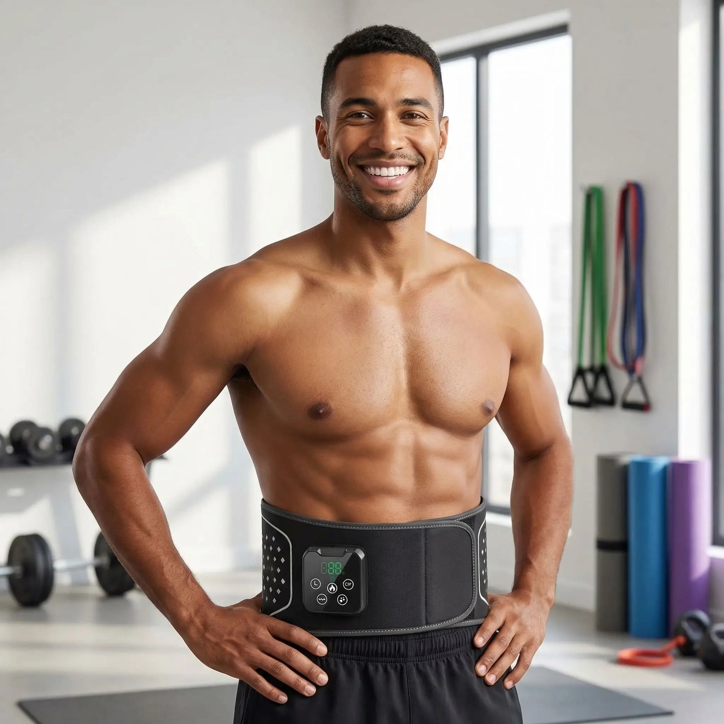 Ceinture chauffante lombaire sur la taille d'un homme au studio fitness