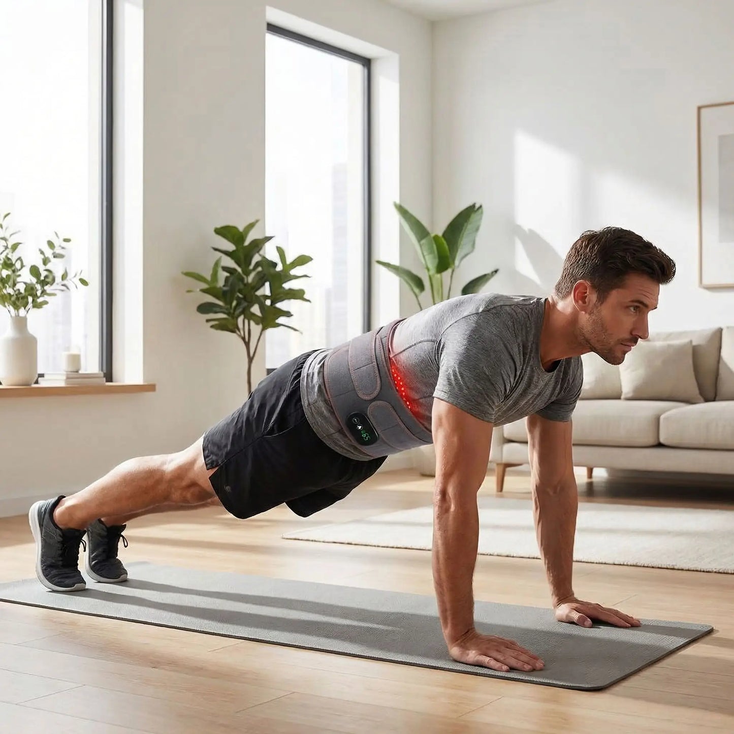 Ceinture chauffante lombaire un homme exercice de planche