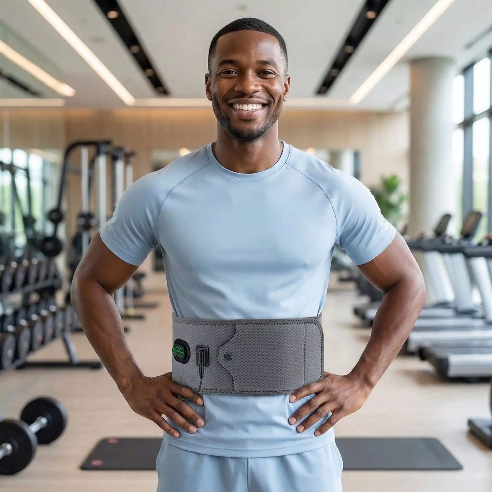 Ceinture chauffante lombaires porter sur un homme au gym
