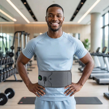 Ceinture chauffante lombaires porter sur un homme au gym

