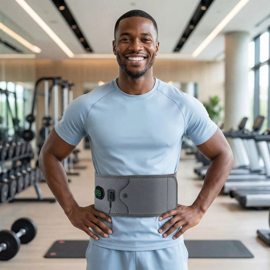Ceinture chauffante lombaires porter sur un homme au gym

