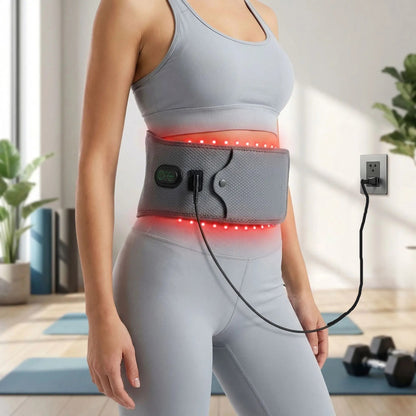 Ceinture chauffante lombaires rechargeable porter sur une femme à la maison
