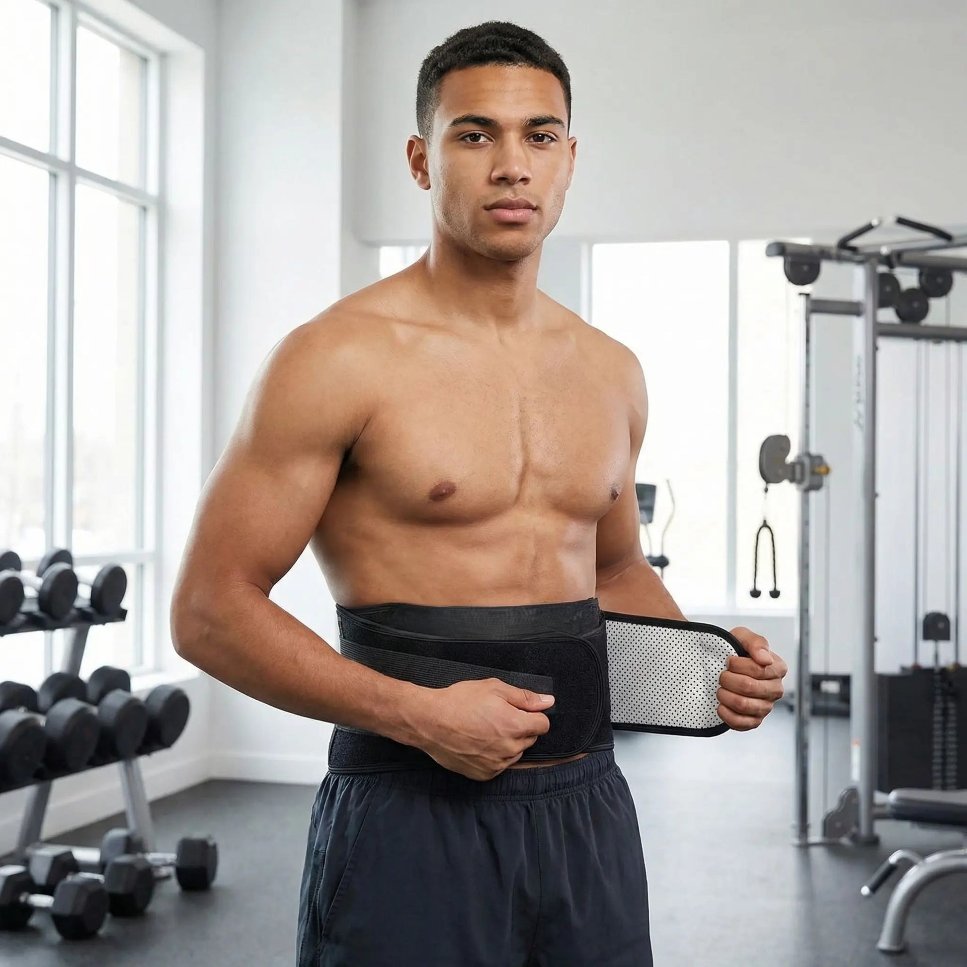 Ceinture lombaire chauffante sur la taille d'un jeune sportif