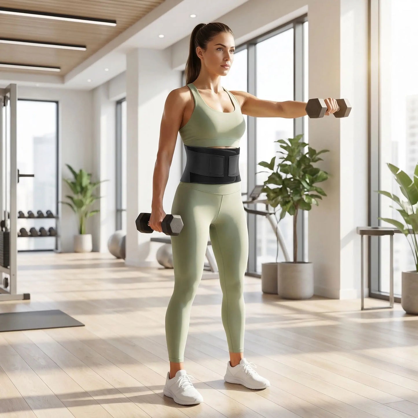 Ceinture lombaire femme porter au gym pour une séance de bras