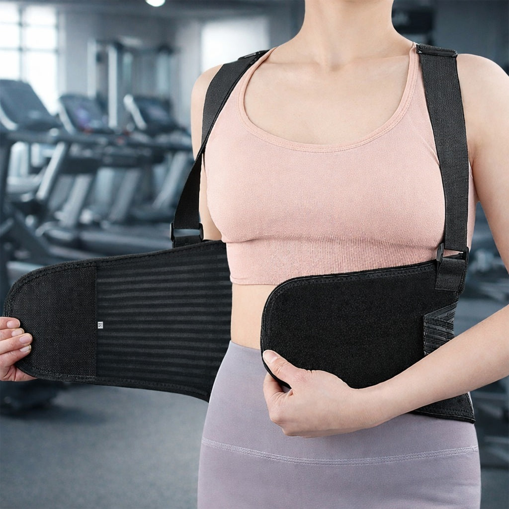 Ceinture lombaire femme tenant les bandes de la ceinture
