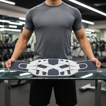 Ceinture lombaire pour musculation une personne montrant la pièce complète sur une table de verre au gym
