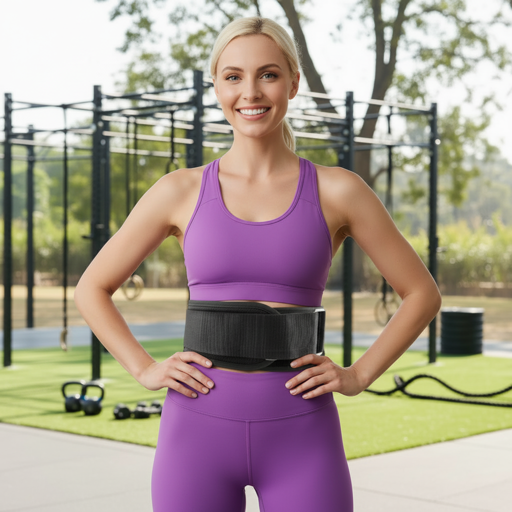 Ceinture lombaire sur une taille de femme dans espace exercice extérieur