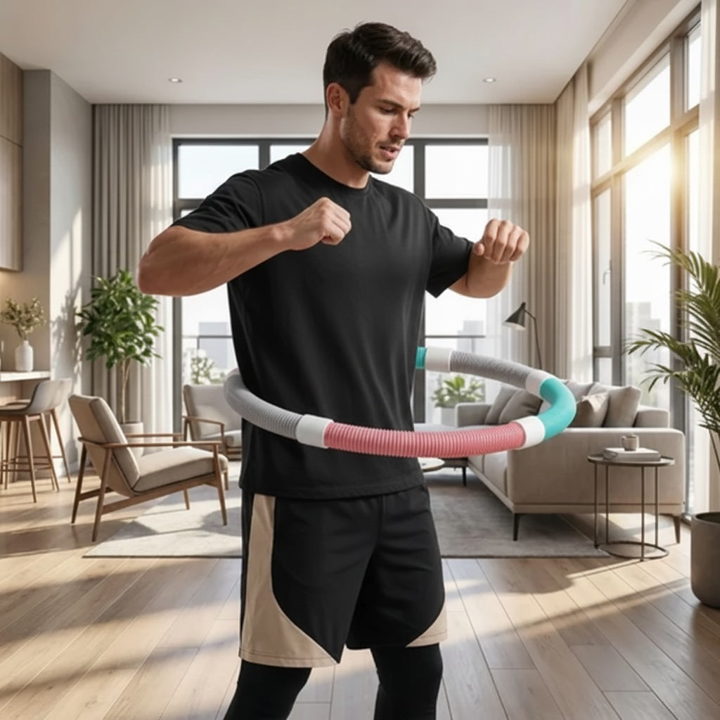Cerceau fitness un homme pratiquant dans un salon lumineux à domicile