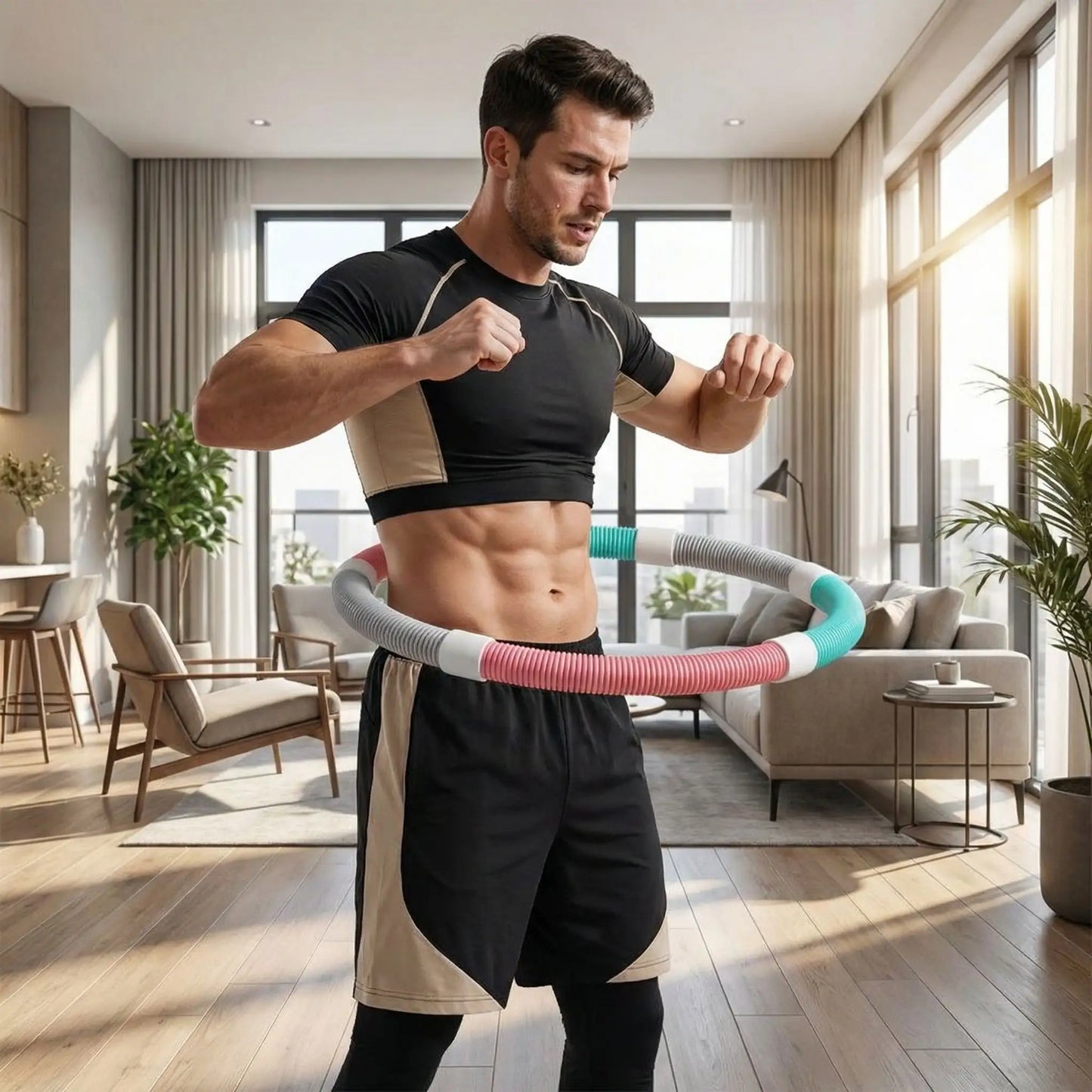 Cerceau fitness un homme pratiquant dans un salon lumineux