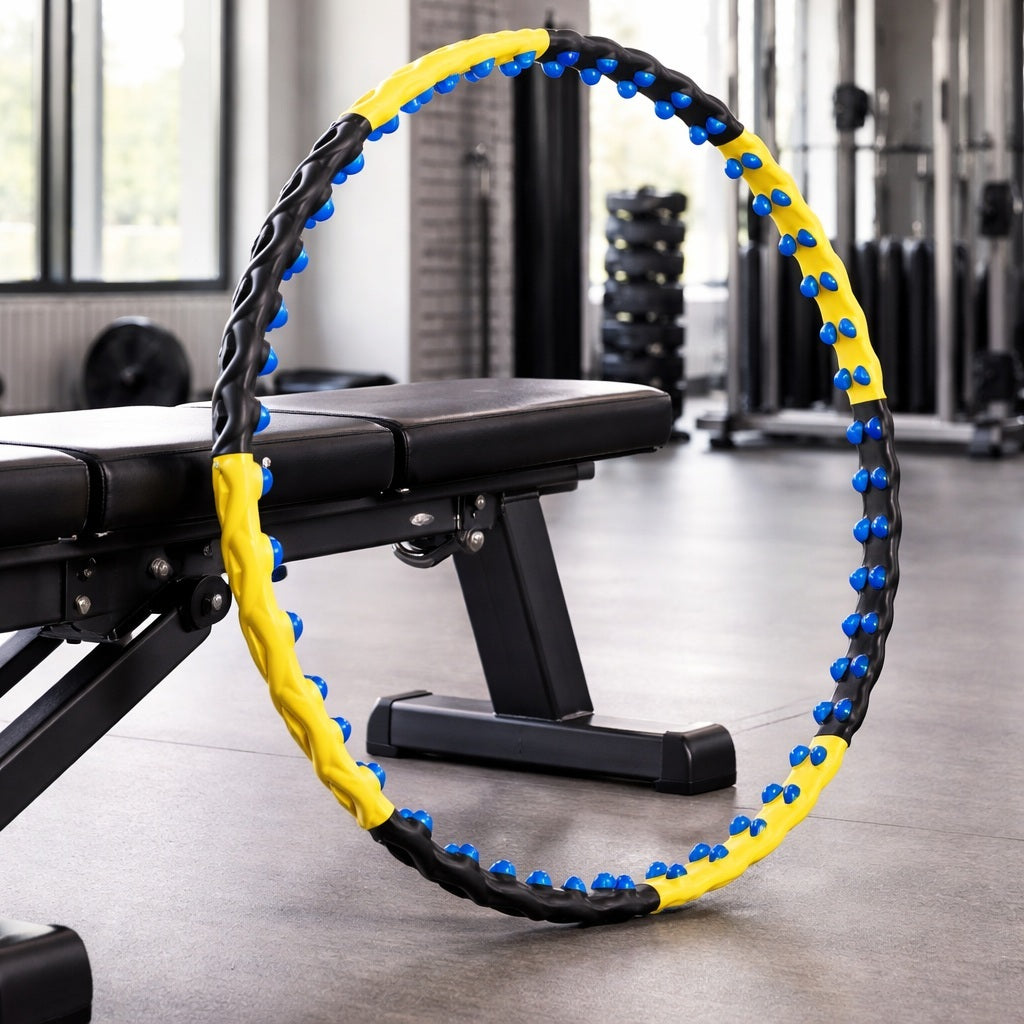 Cerceau hula hoop appuyé contre un banc au gym