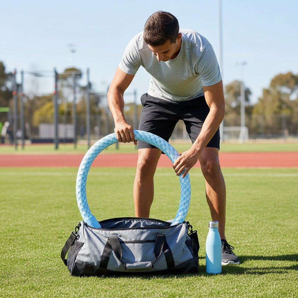 Cerceau hula hoop fitness une personne sortant le cerceau du sac sport