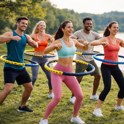 Cerceau hula hoop groupe de personne pratiquant dans un parc en nature