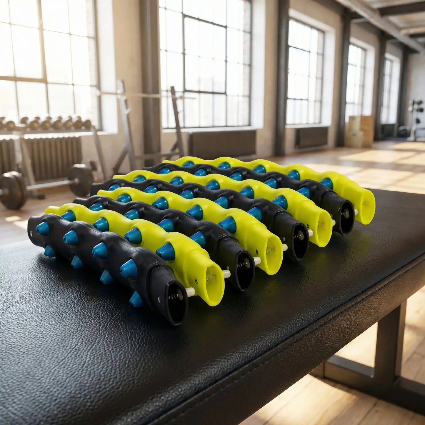 Cerceau hula hoop segments placé un à côté de l'autre sur un banc au gym