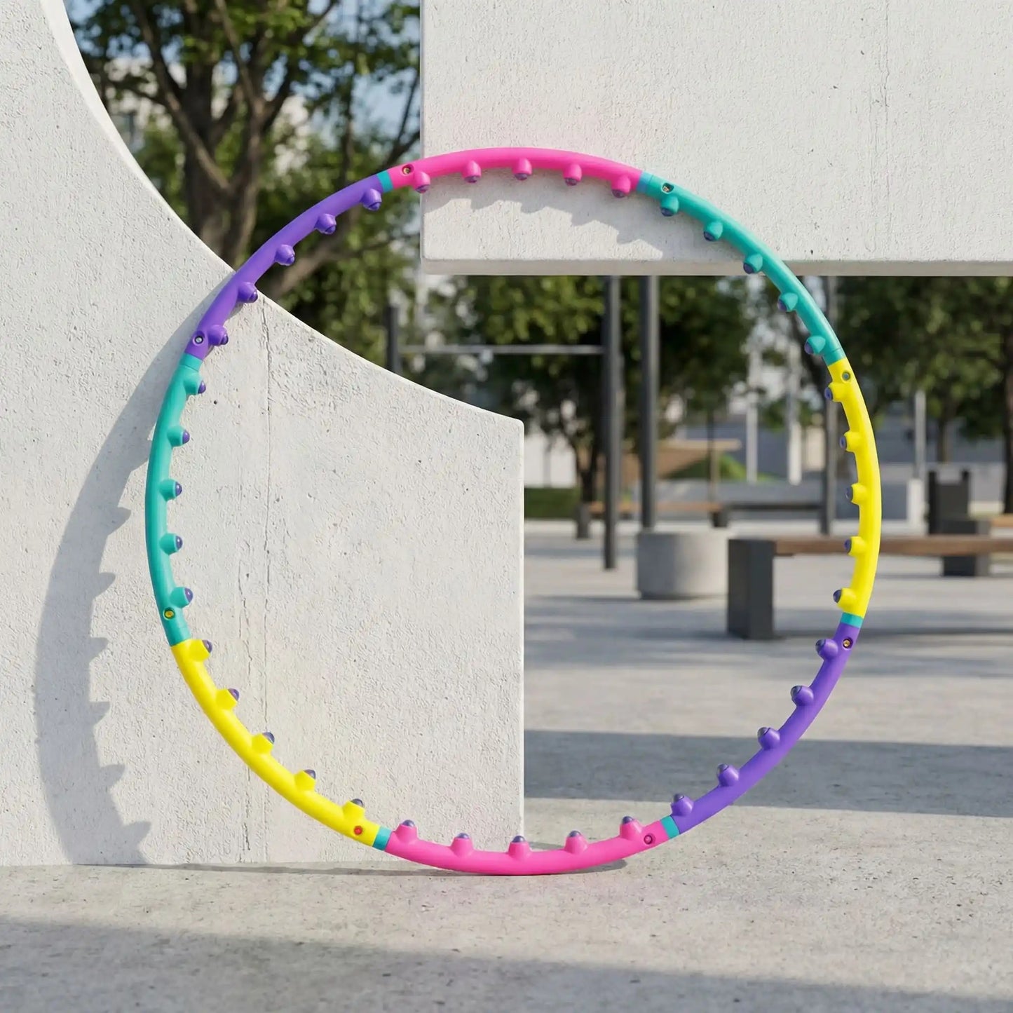 Cerceaux fitness debout appuyé contre un muret de béton extérieur