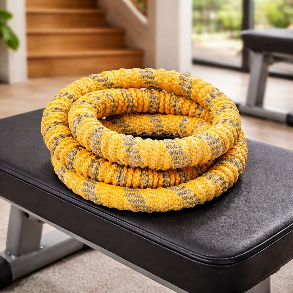 Cerceaux fitness enroulé sur un banc de studio sportif