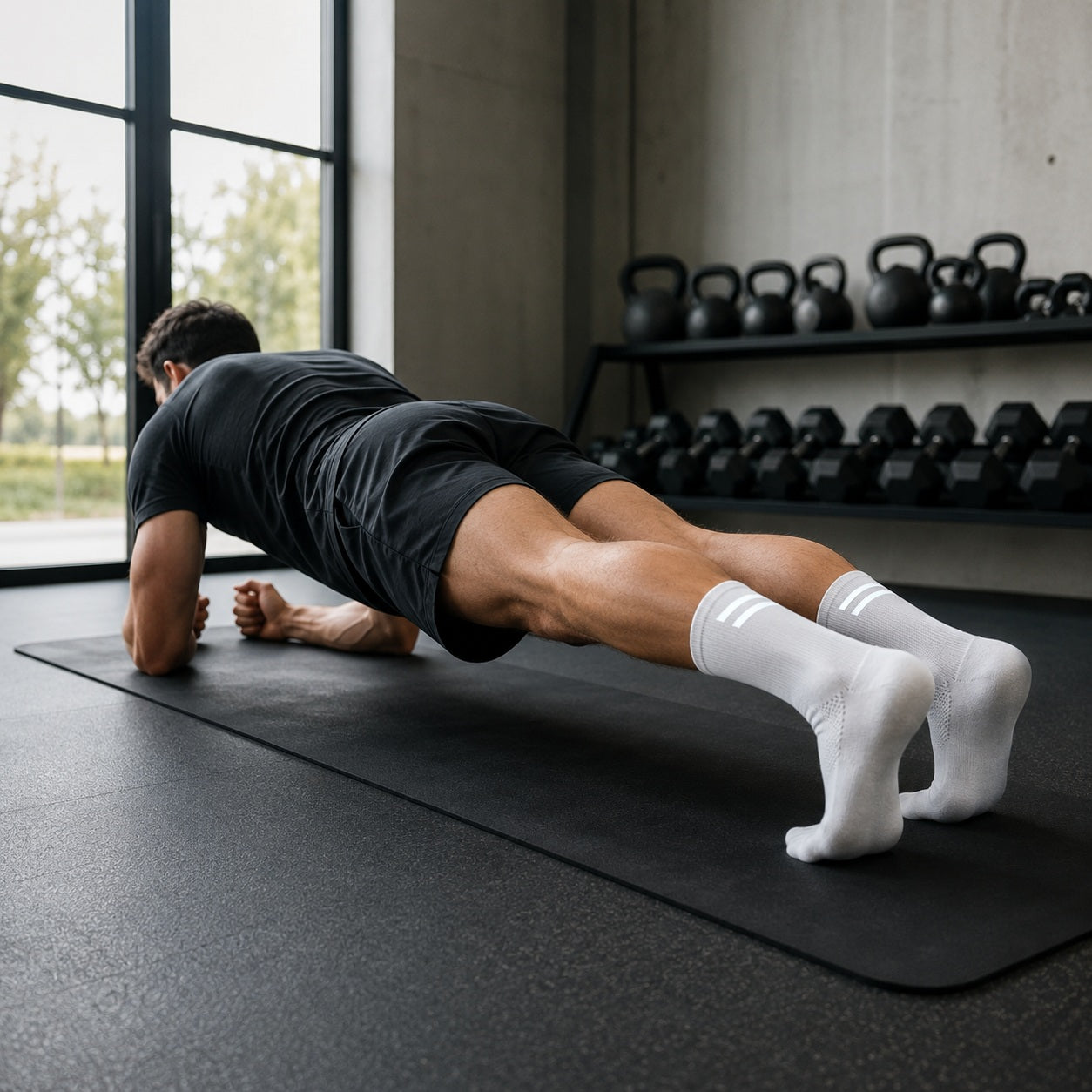 Chaussettes de sport porter pendant exercice de la planche en salle muscu