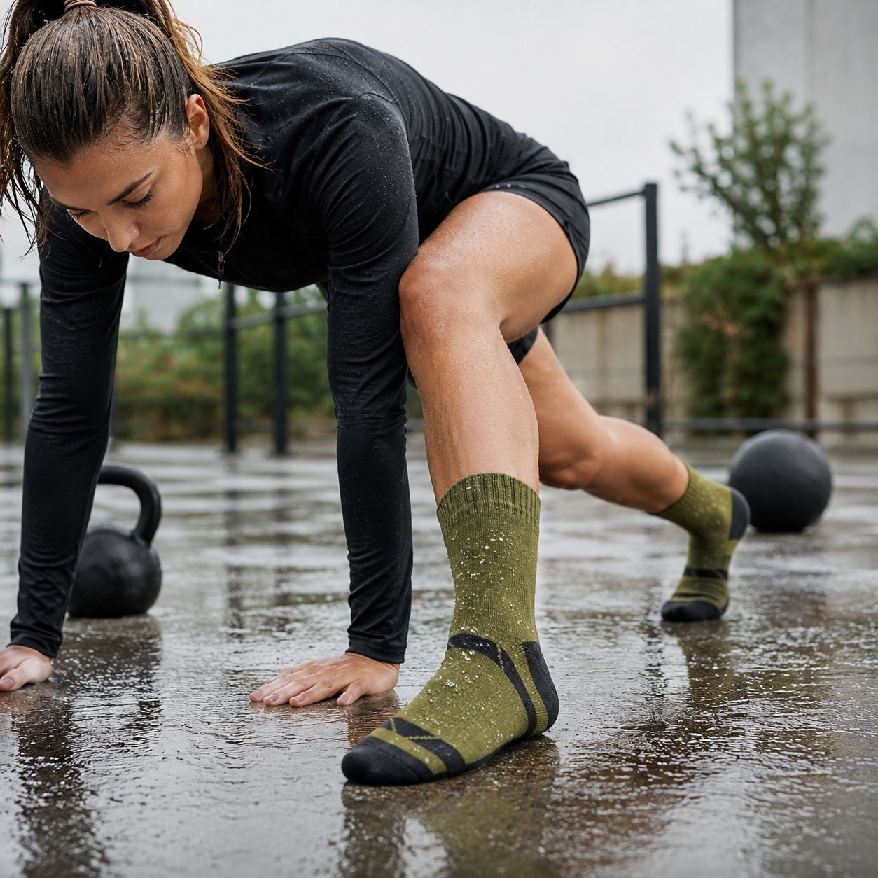 Chaussettes sport une personne s'entrainant sur sol mouillé