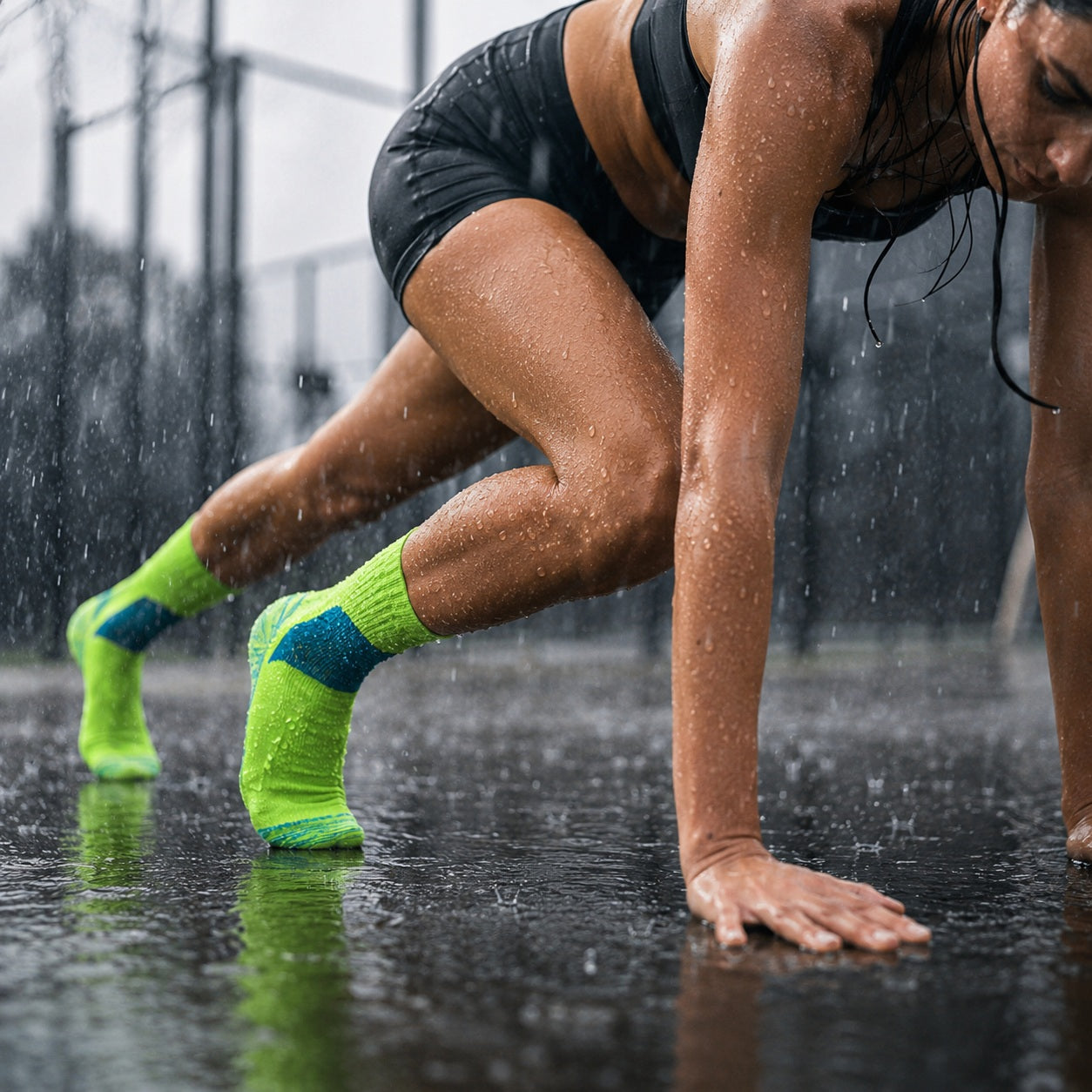 Chaussettes sport une personne utilisant la paire pendant entrainement extérieur pluvieux