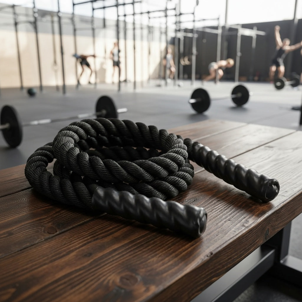 Corde à sauter crossfit placé sur un banc dans un espace d'entraînement  intensif