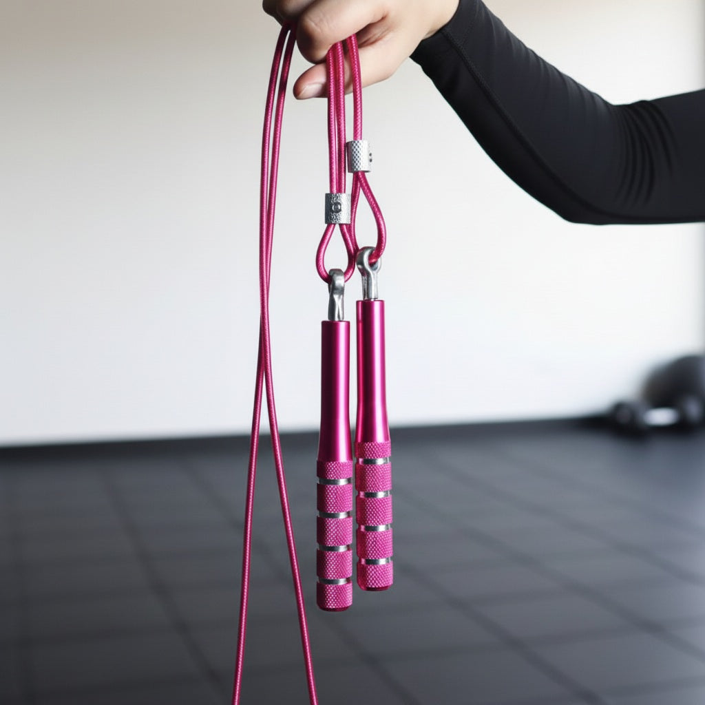 Corde à sauter crossfit grosse poignée une personne montrant le modèle de couleur rose