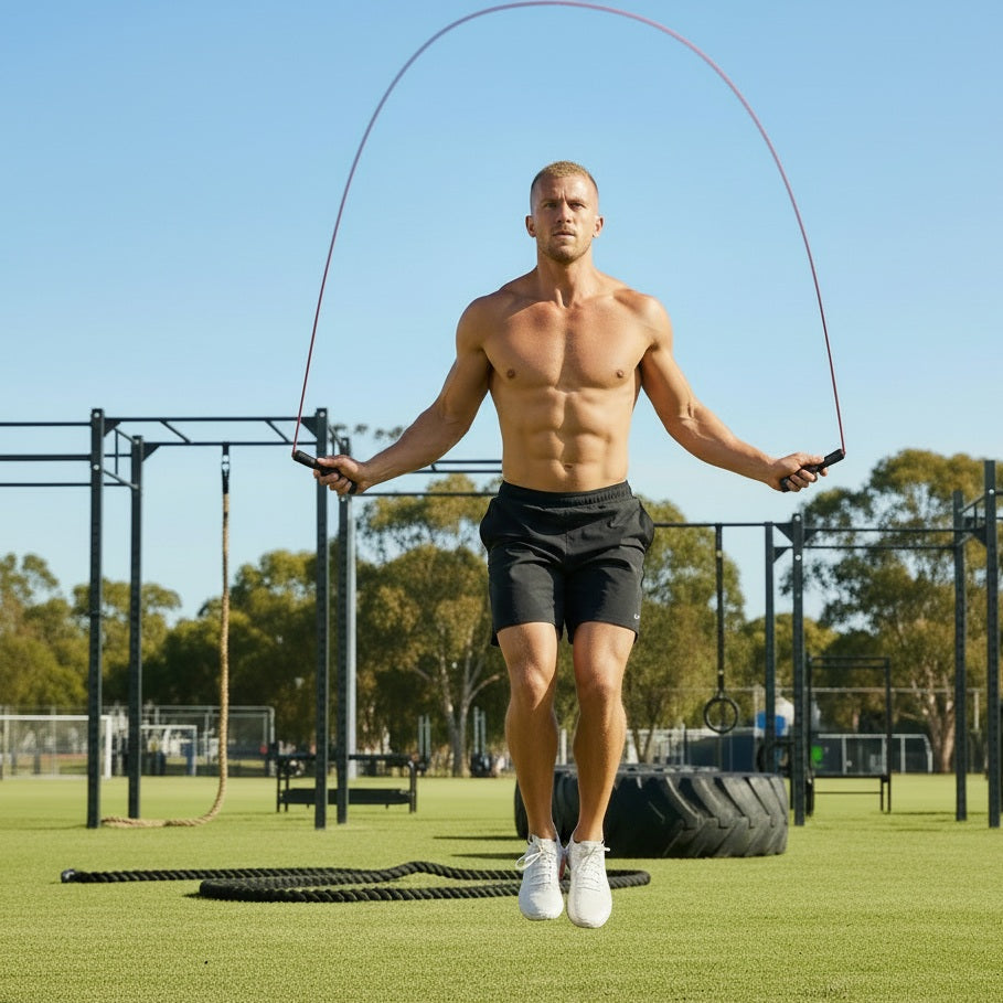 Corde à sauter crossfit un homme torse nu sautant dans un espace sport